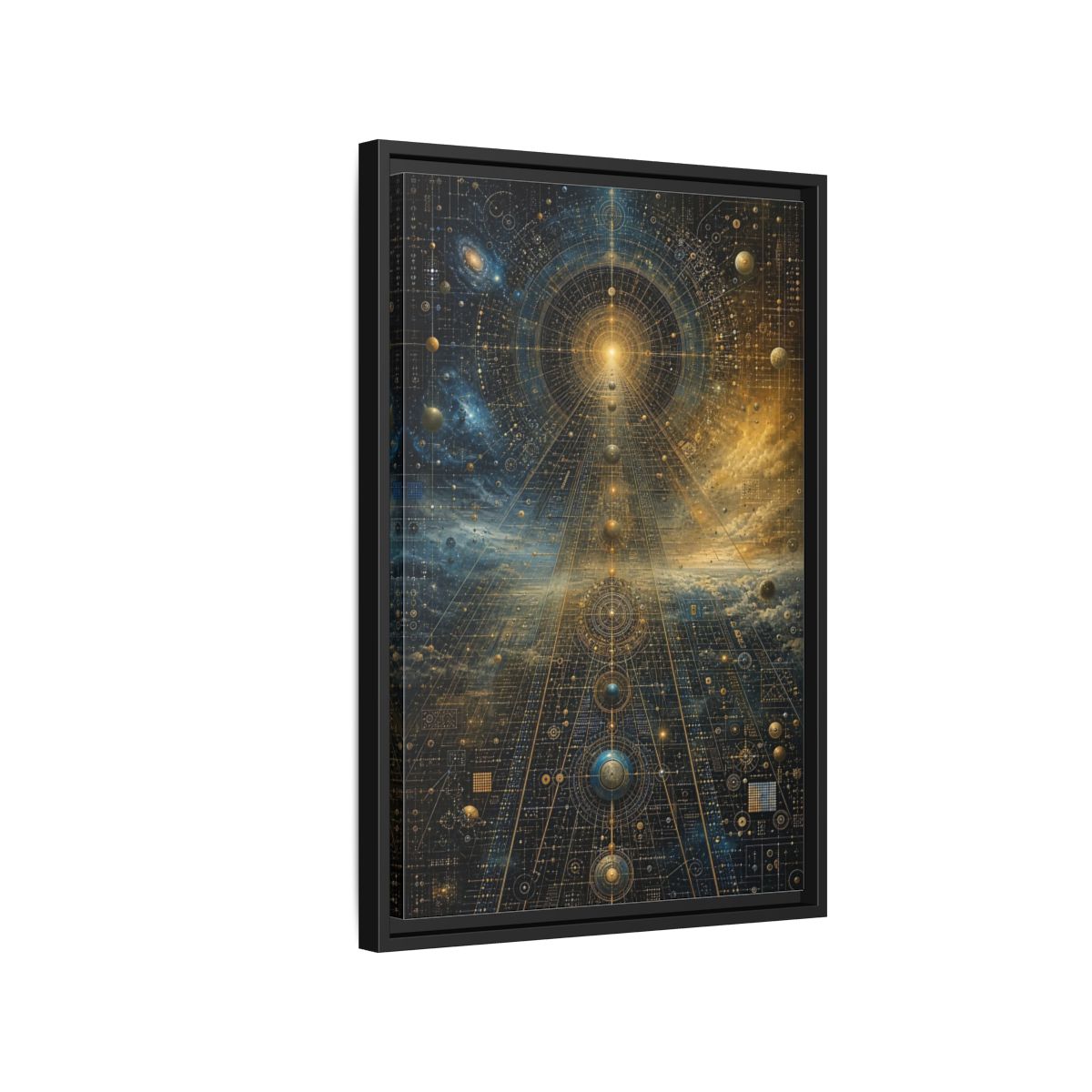 Side Mockup 3. Science Fiction Celestial Geometry Blue Gold Cosmic shown as stretched canvas wall art