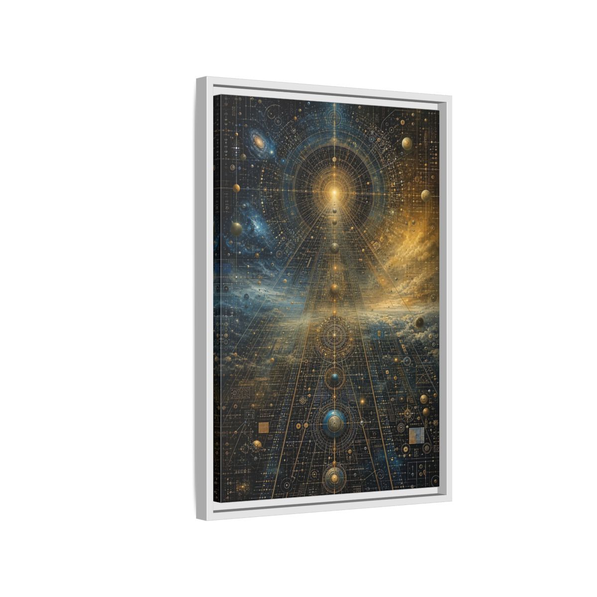 Side Mockup 1. Science Fiction Celestial Geometry Blue Gold Cosmic shown as stretched canvas wall art