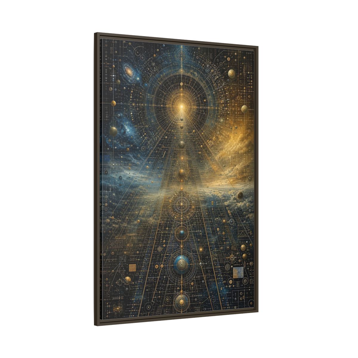 Side Mockup 8. Science Fiction Celestial Geometry Blue Gold Cosmic shown as stretched canvas wall art