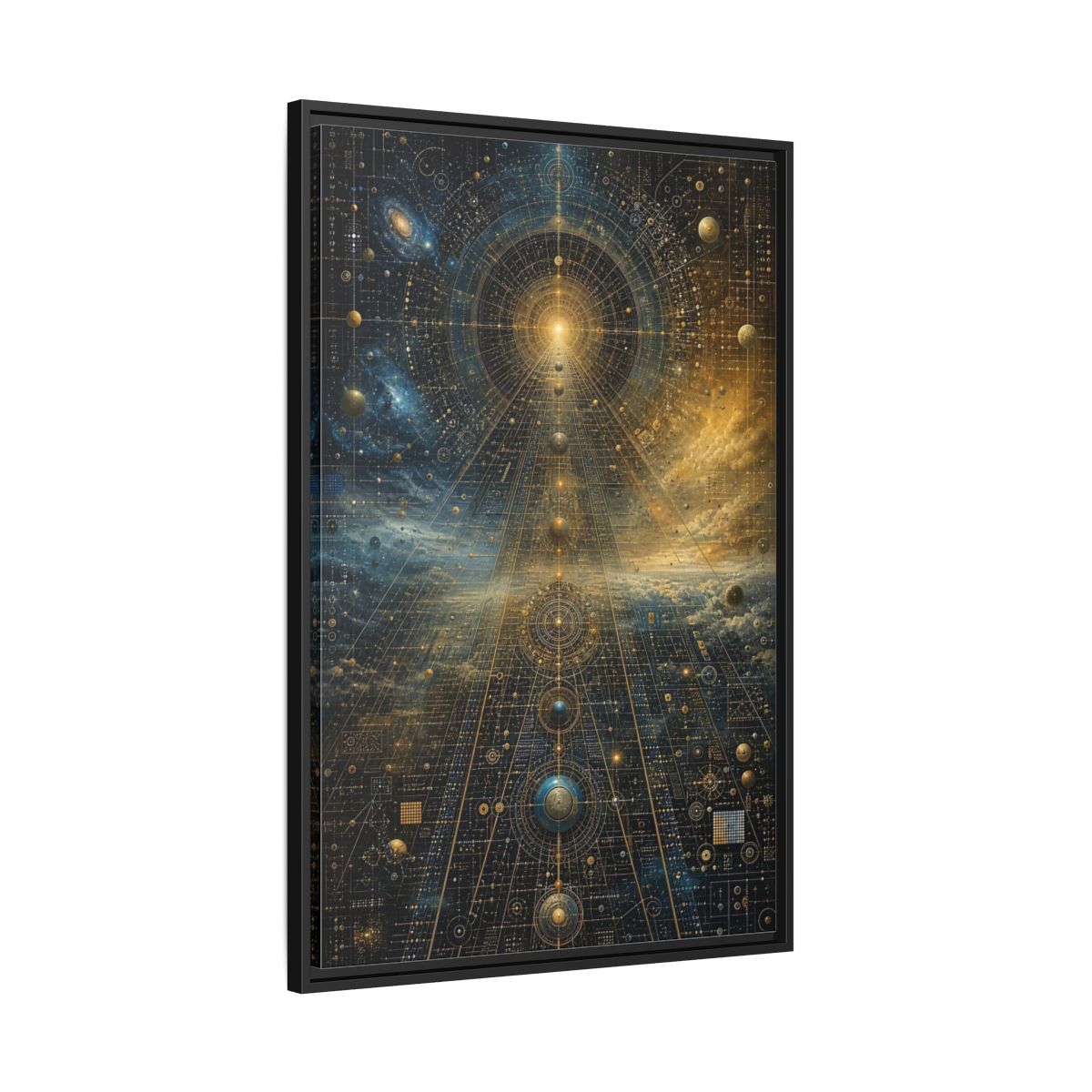 Side Mockup 13. Science Fiction Celestial Geometry Blue Gold Cosmic shown as stretched canvas wall art