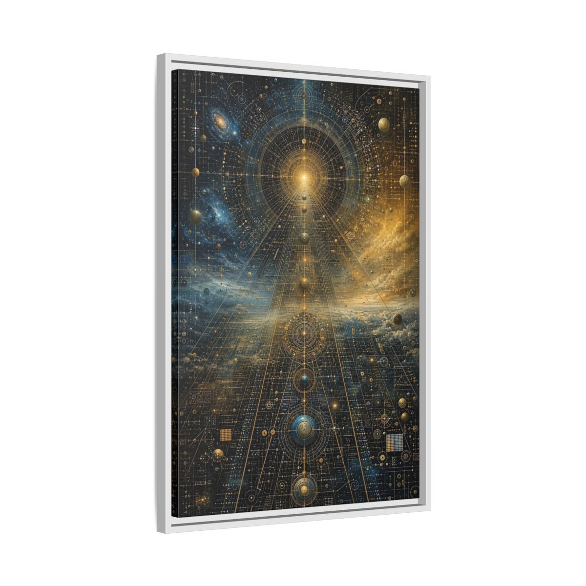 Side Mockup 10. Science Fiction Celestial Geometry Blue Gold Cosmic shown as stretched canvas wall art