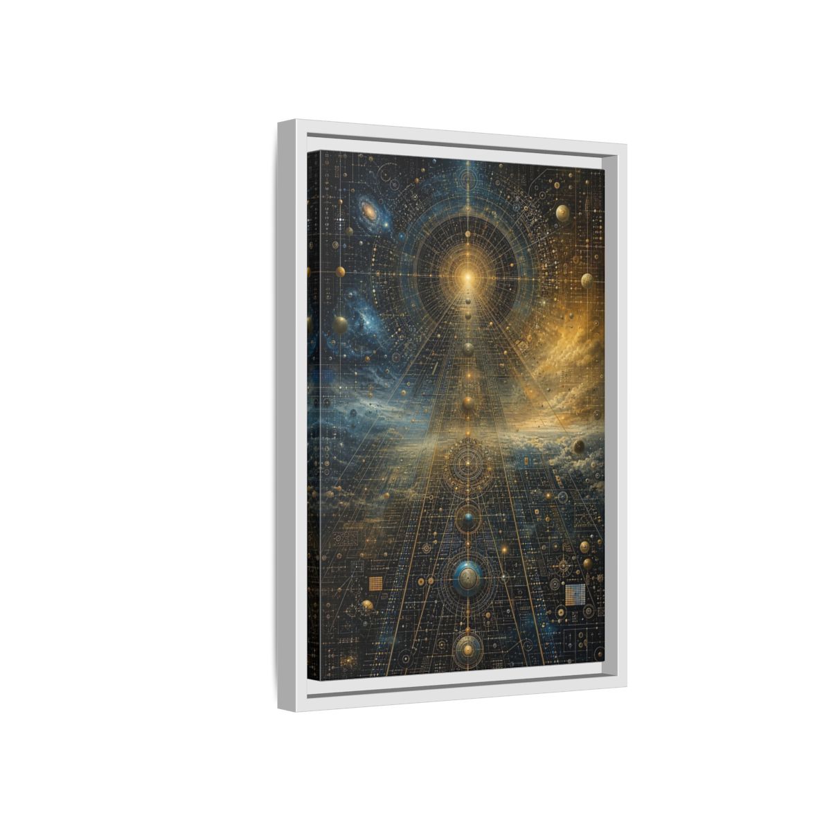 Side Mockup 4. Science Fiction Celestial Geometry Blue Gold Cosmic shown as stretched canvas wall art