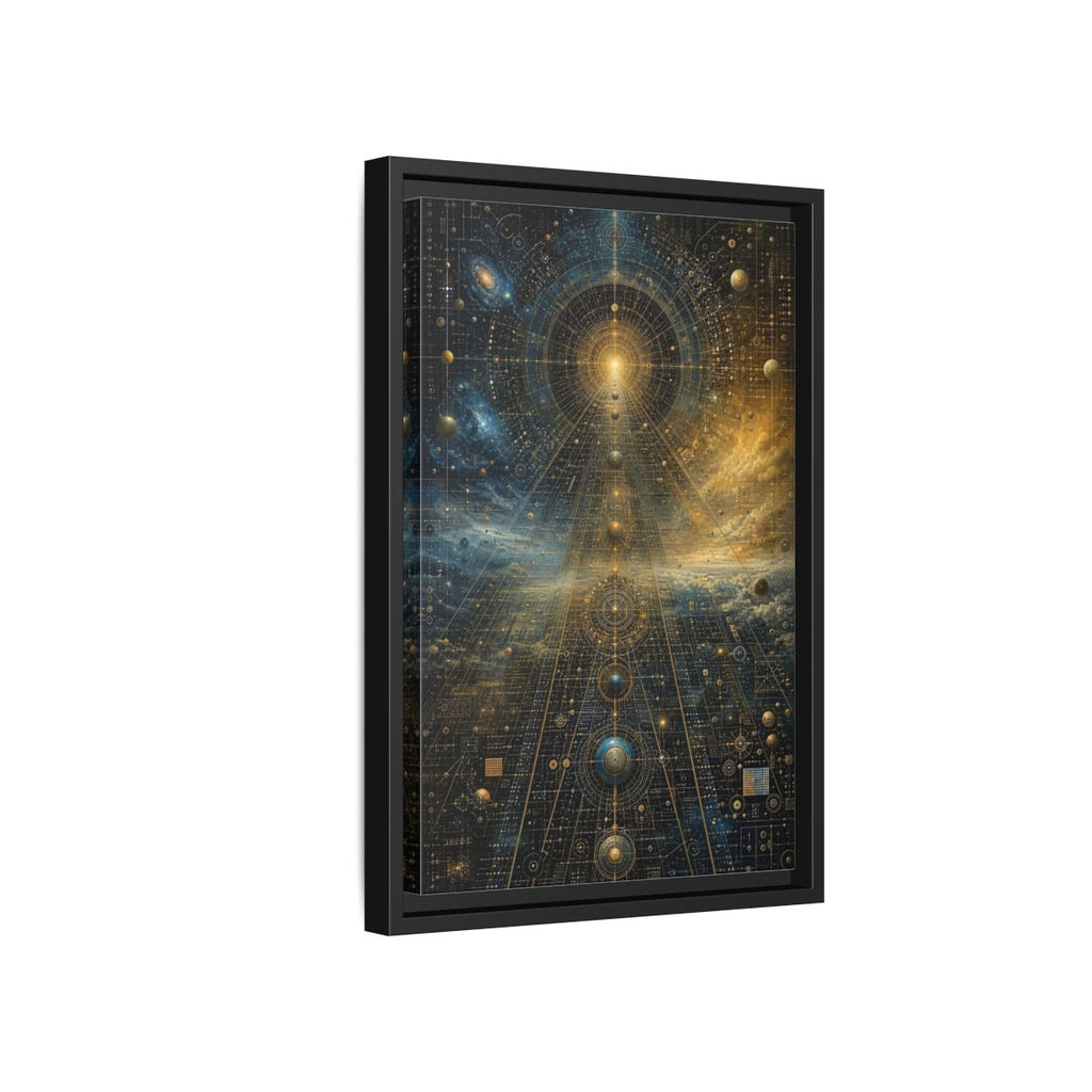 Side Mockup 6. Science Fiction Celestial Geometry Blue Gold Cosmic shown as stretched canvas wall art