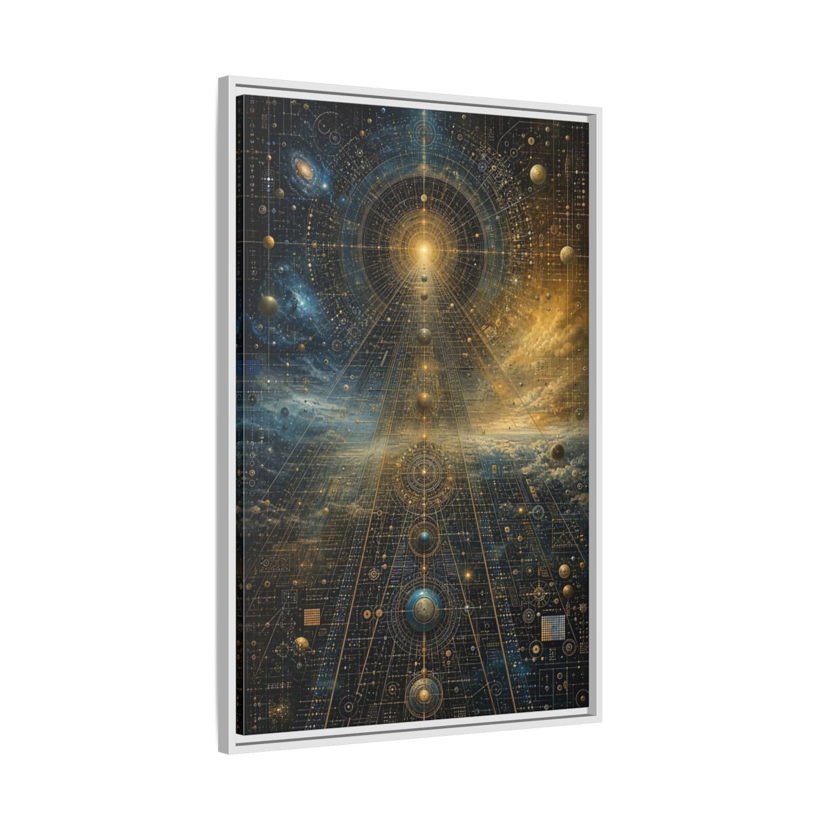 Side Mockup 9. Science Fiction Celestial Geometry Blue Gold Cosmic shown as stretched canvas wall art