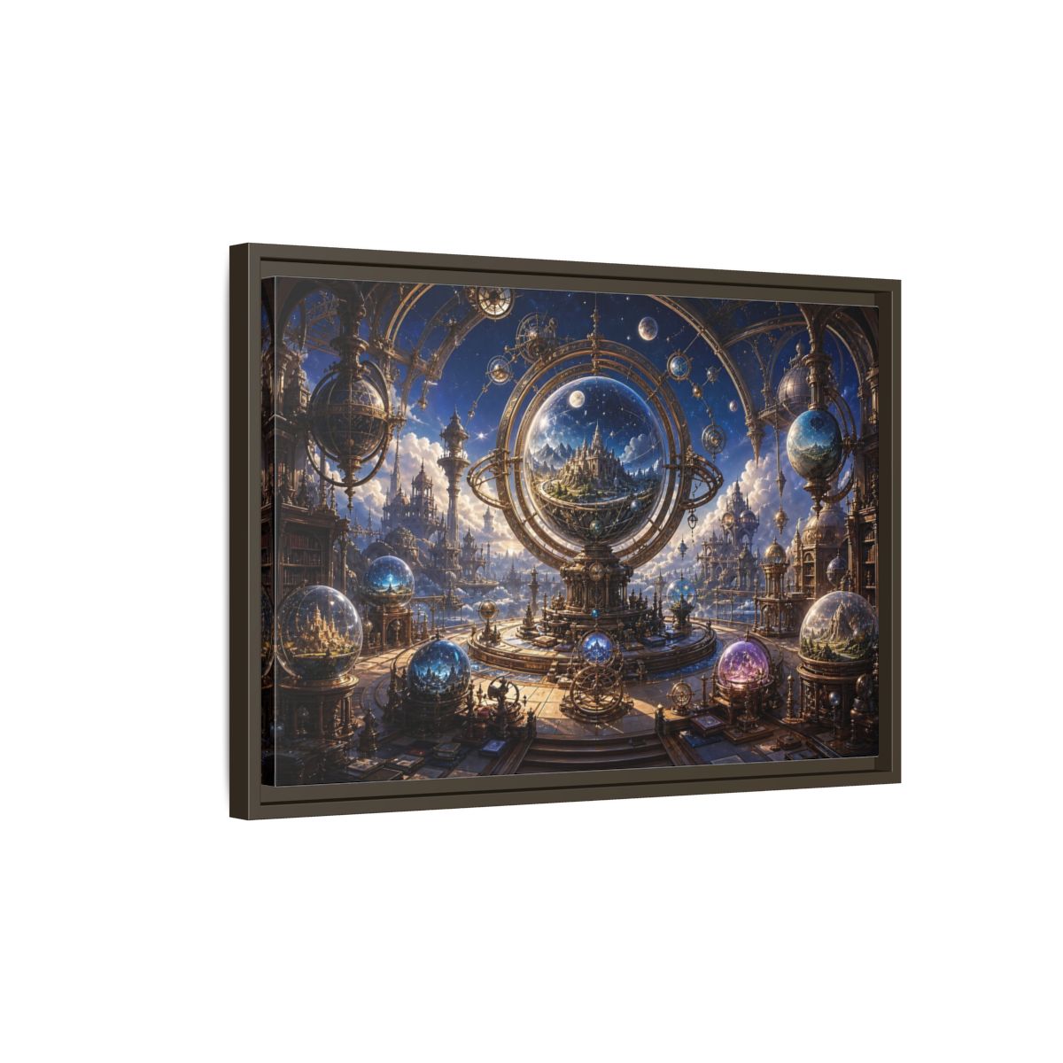 Side Mockup 2. Science Fiction Celestial Orrery Blue And Gold shown as stretched canvas wall art