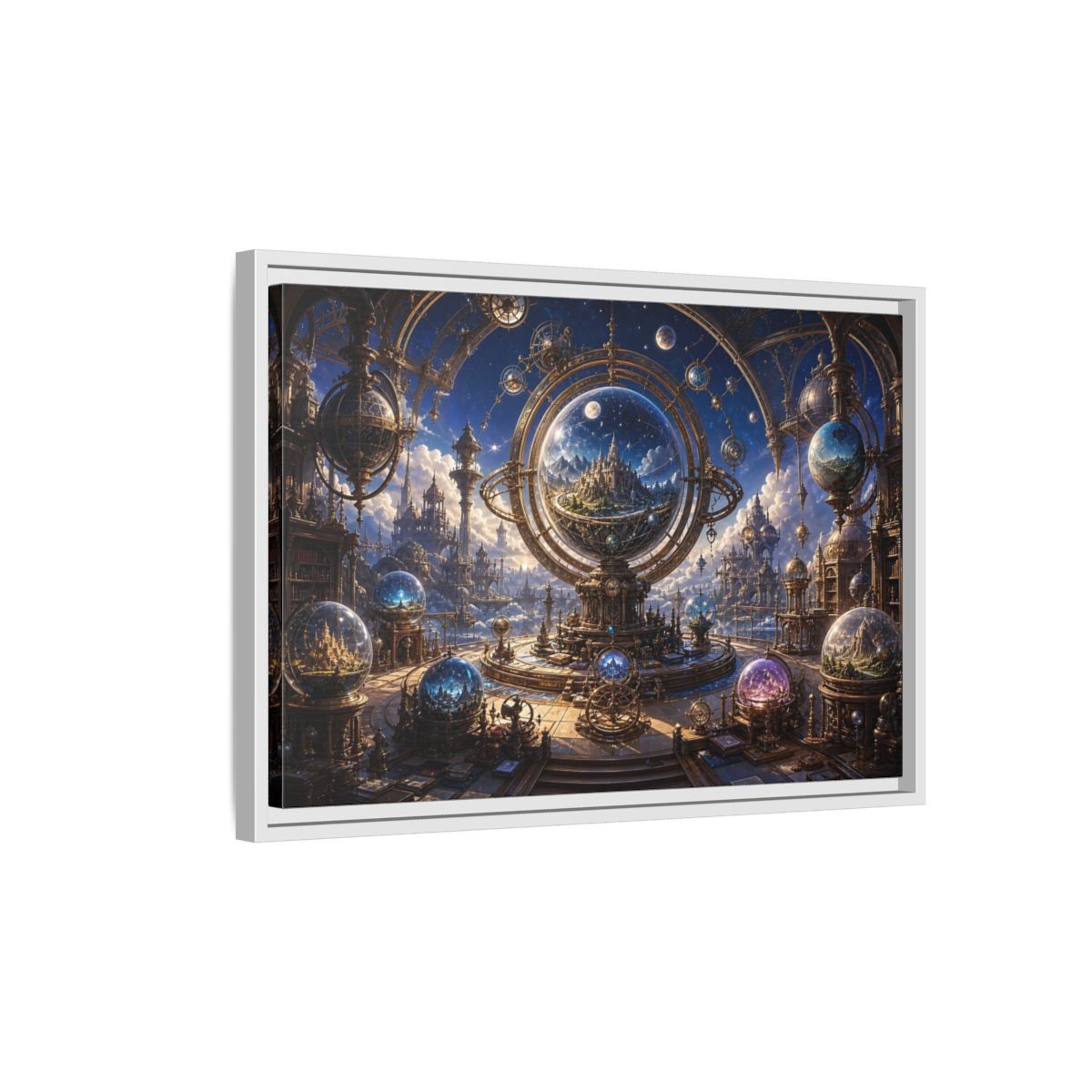 Side Mockup 1. Science Fiction Celestial Orrery Blue And Gold shown as stretched canvas wall art