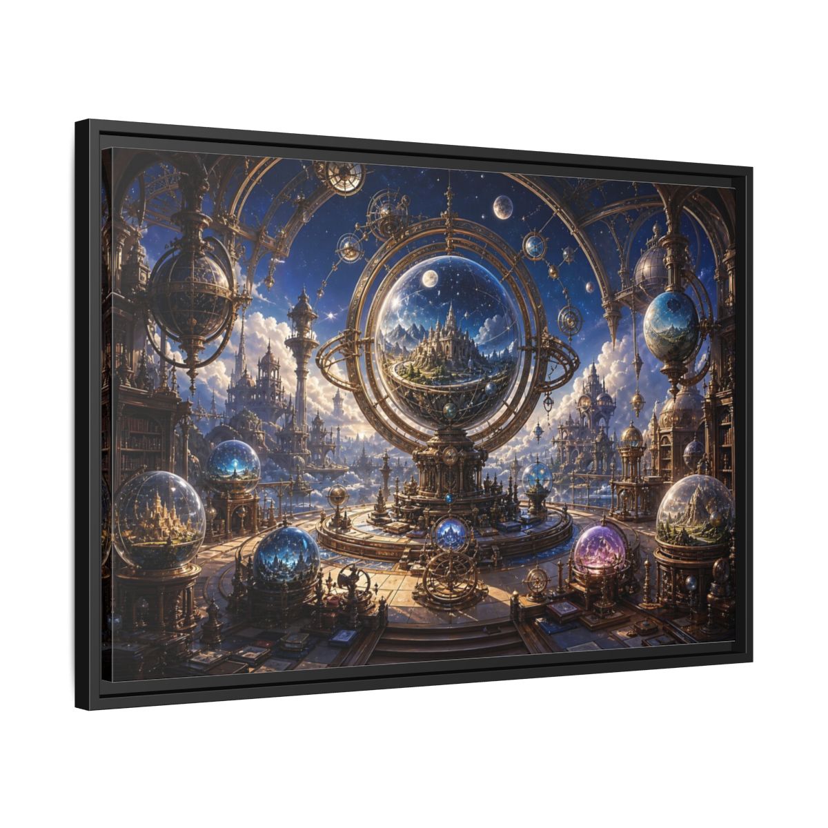 Side Mockup 14. Science Fiction Celestial Orrery Blue And Gold shown as stretched canvas wall art