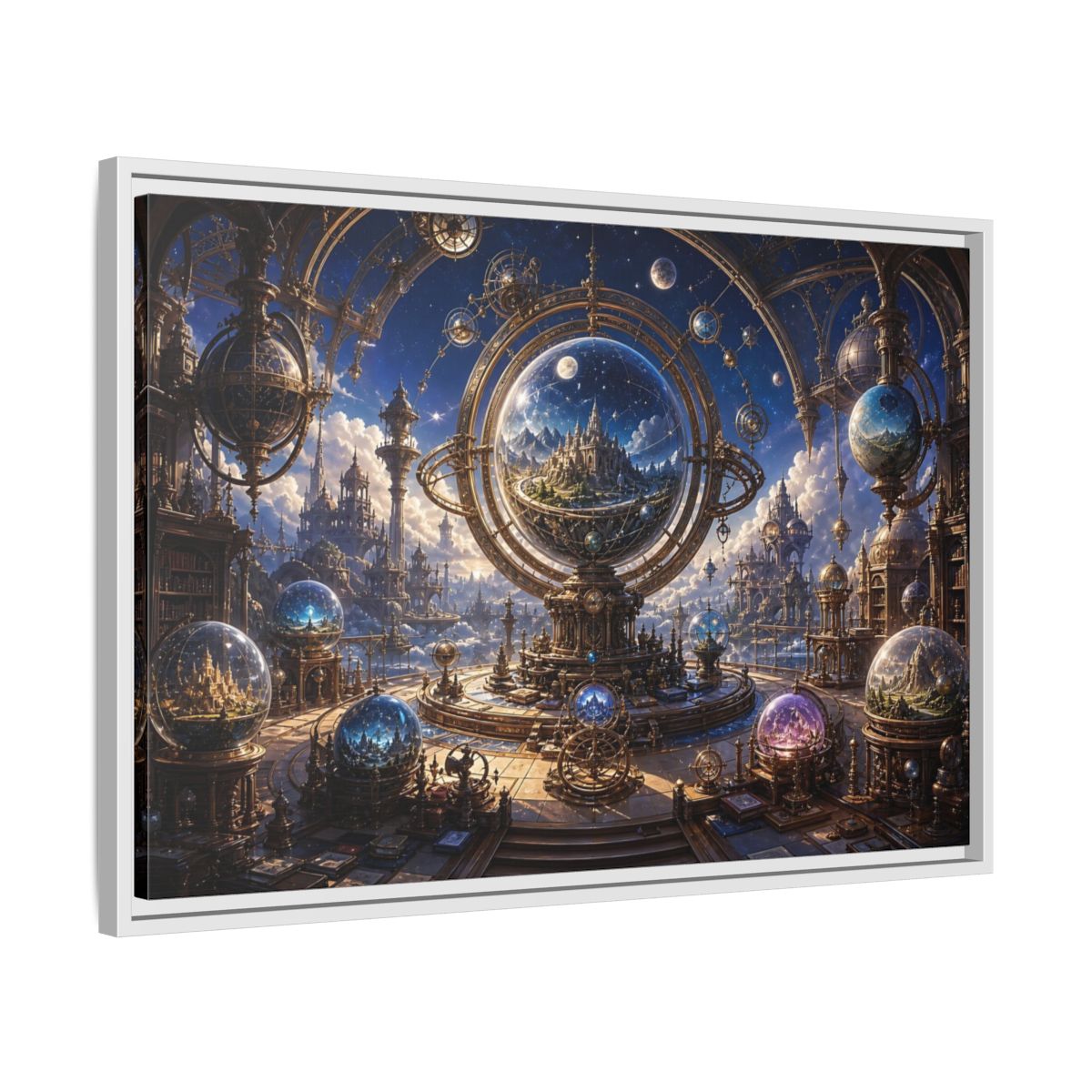 Side Mockup 10. Science Fiction Celestial Orrery Blue And Gold shown as stretched canvas wall art