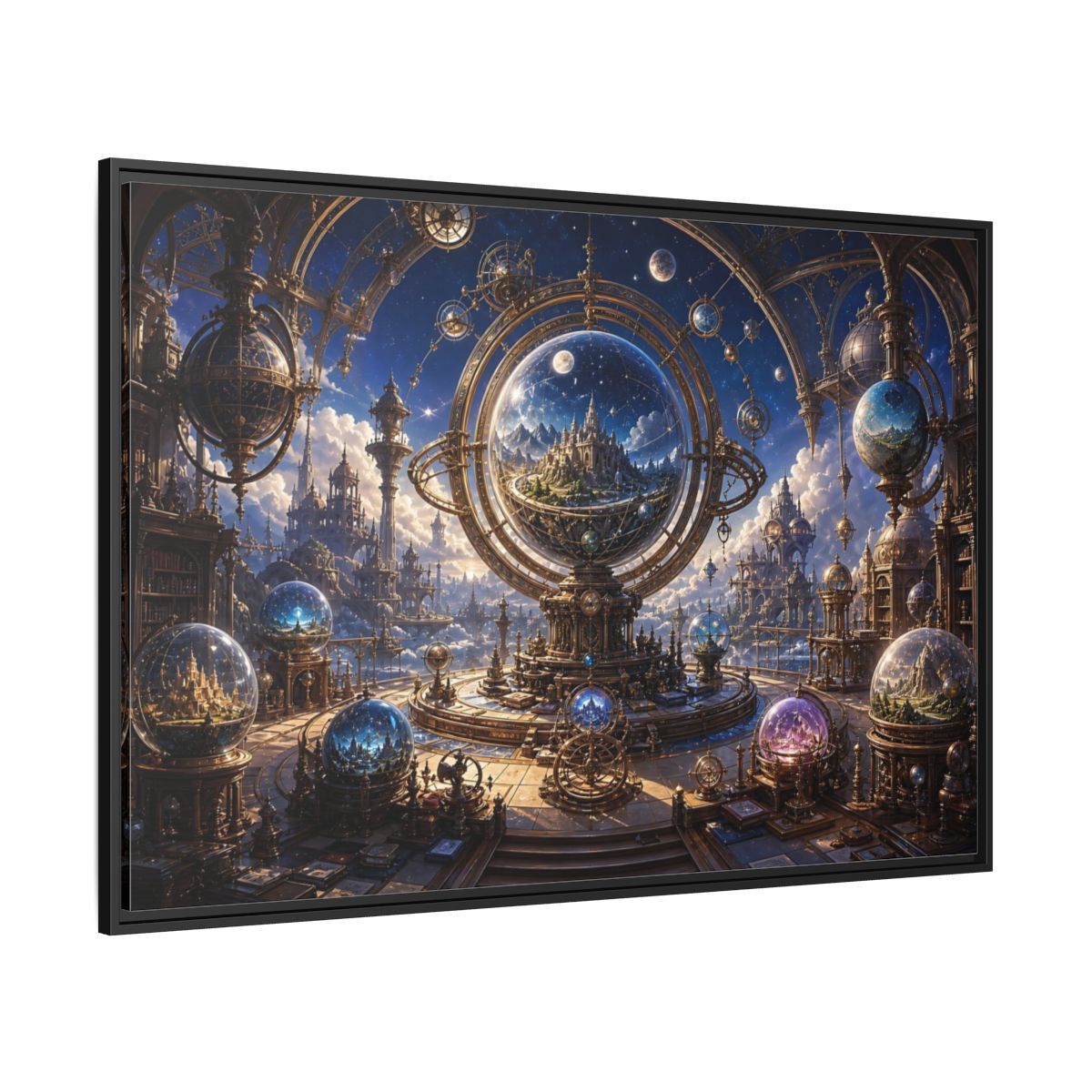 Side Mockup 12. Science Fiction Celestial Orrery Blue And Gold shown as stretched canvas wall art