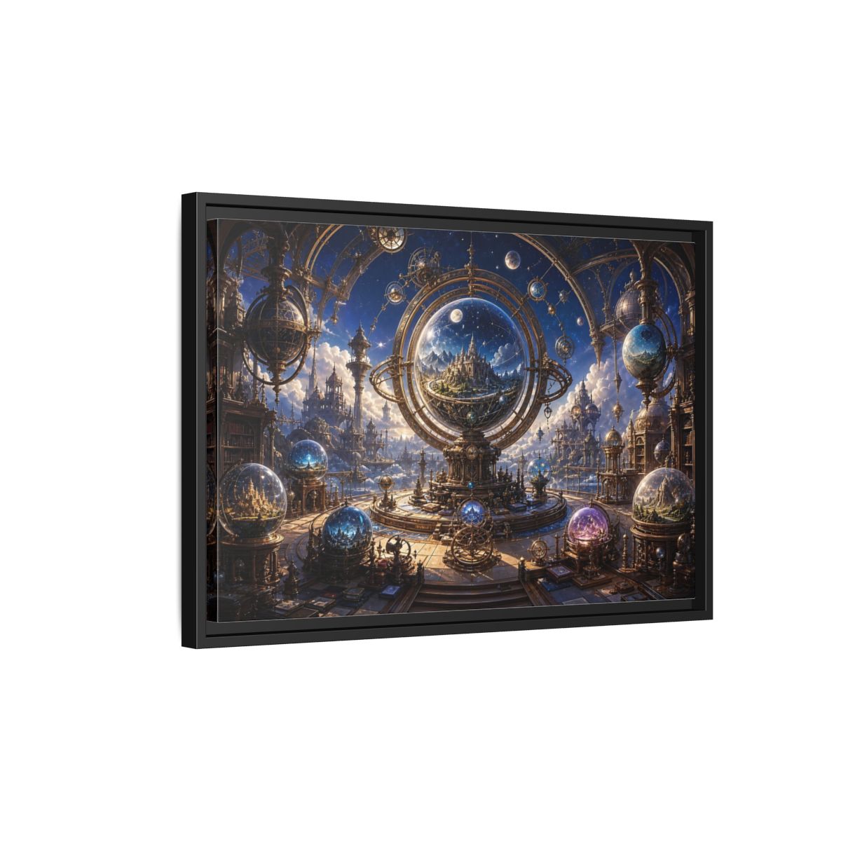 Side Mockup 3. Science Fiction Celestial Orrery Blue And Gold shown as stretched canvas wall art
