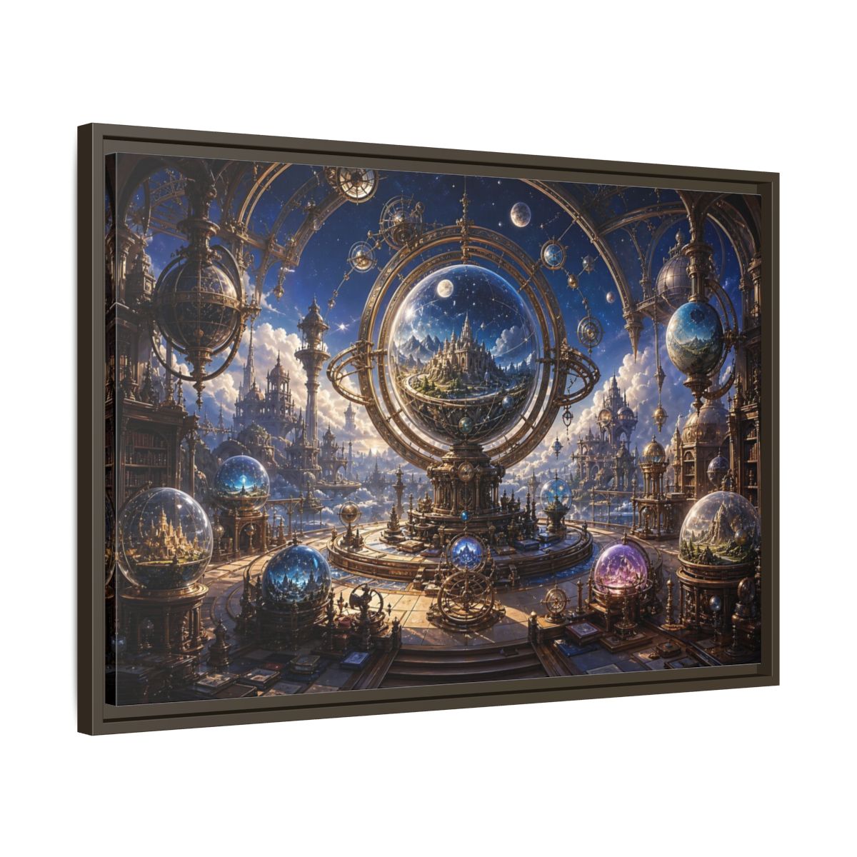 Side Mockup 11. Science Fiction Celestial Orrery Blue And Gold shown as stretched canvas wall art
