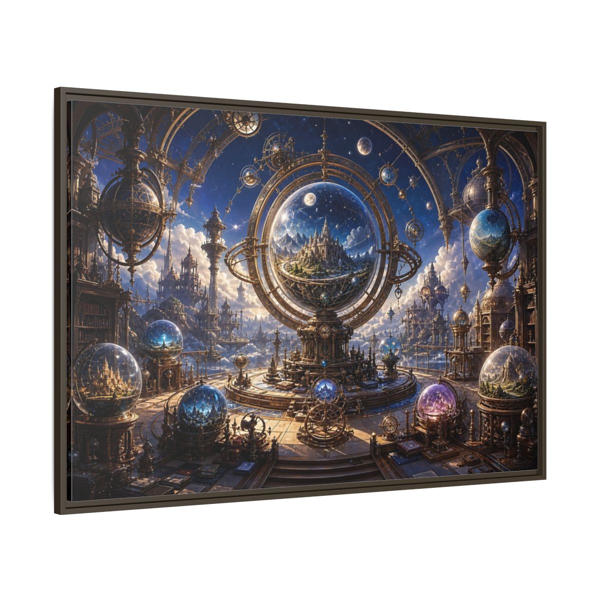 Side Mockup 8. Science Fiction Celestial Orrery Blue And Gold shown as stretched canvas wall art