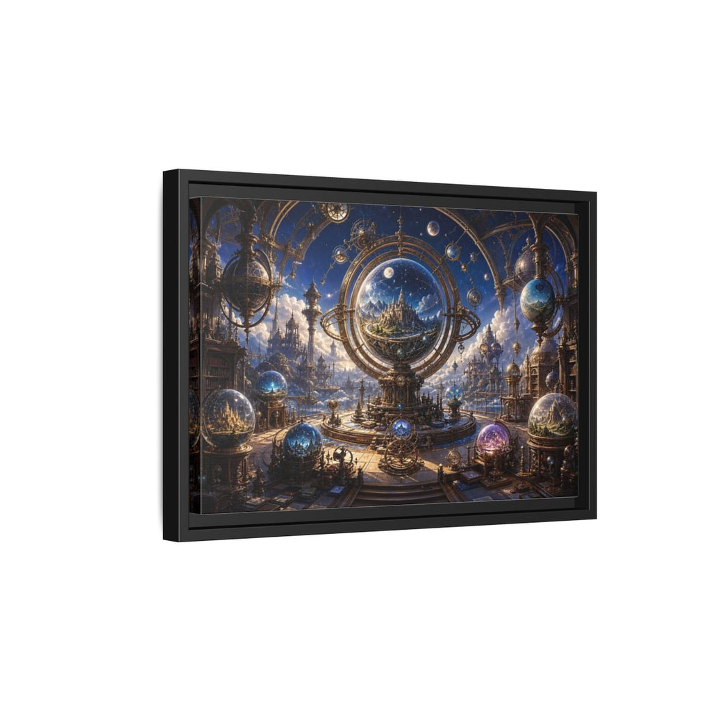Side Mockup 6. Science Fiction Celestial Orrery Blue And Gold shown as stretched canvas wall art