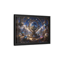 Side Mockup 6. Science Fiction Celestial Orrery Blue And Gold shown as stretched canvas wall art
