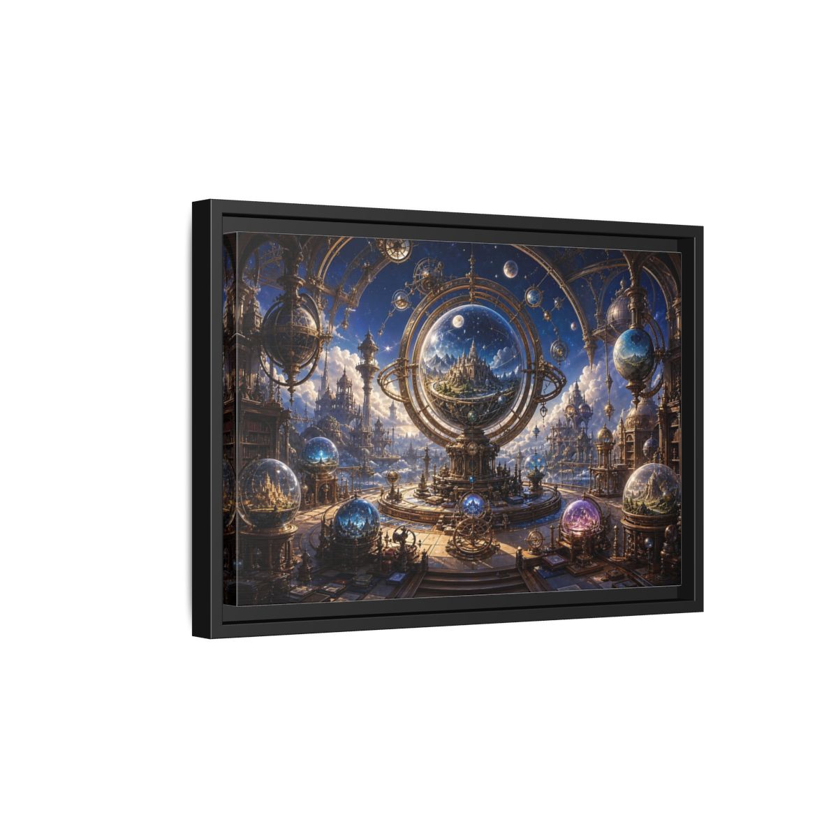 Side Mockup 6. Science Fiction Celestial Orrery Blue And Gold shown as stretched canvas wall art