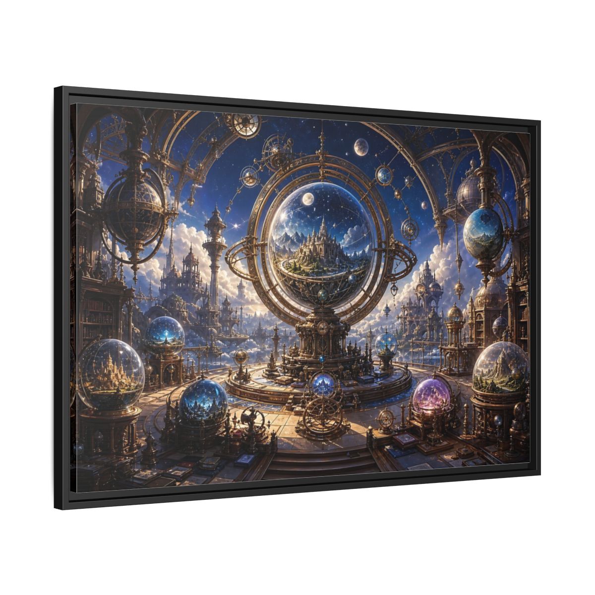 Side Mockup 13. Science Fiction Celestial Orrery Blue And Gold shown as stretched canvas wall art