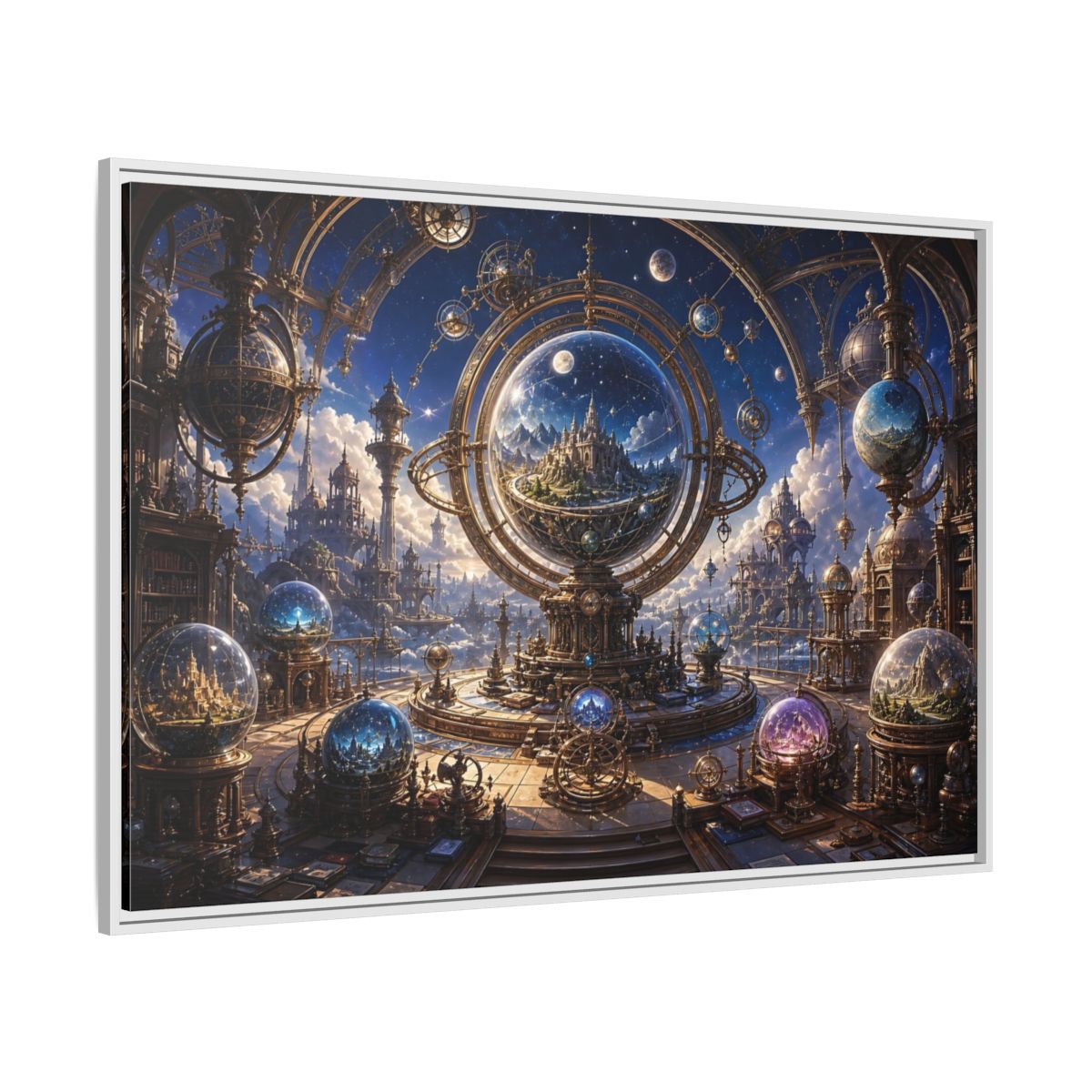 Side Mockup 7. Science Fiction Celestial Orrery Blue And Gold shown as stretched canvas wall art