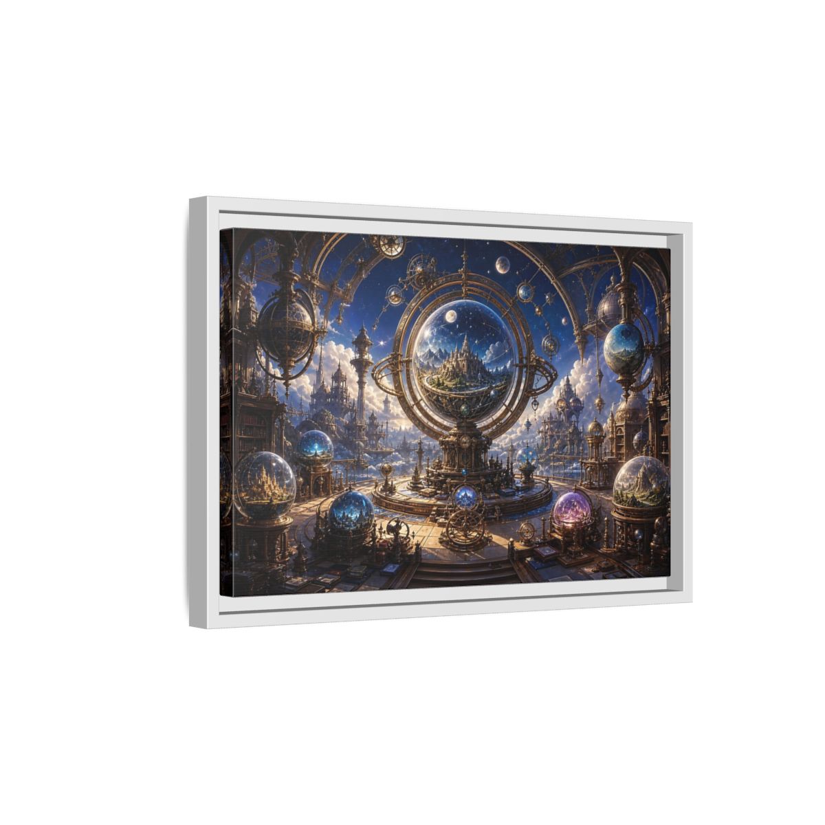 Side Mockup 4. Science Fiction Celestial Orrery Blue And Gold shown as stretched canvas wall art