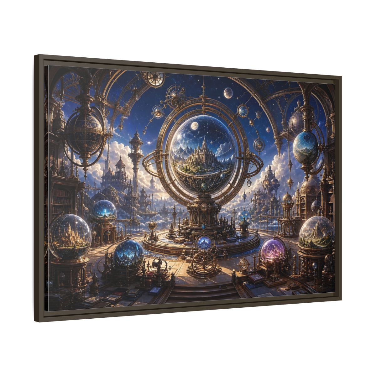 Main Mockup. Science Fiction Celestial Orrery Blue And Gold shown as stretched canvas wall art