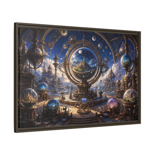 Main Mockup. Science Fiction Celestial Orrery Blue And Gold shown as stretched canvas wall art