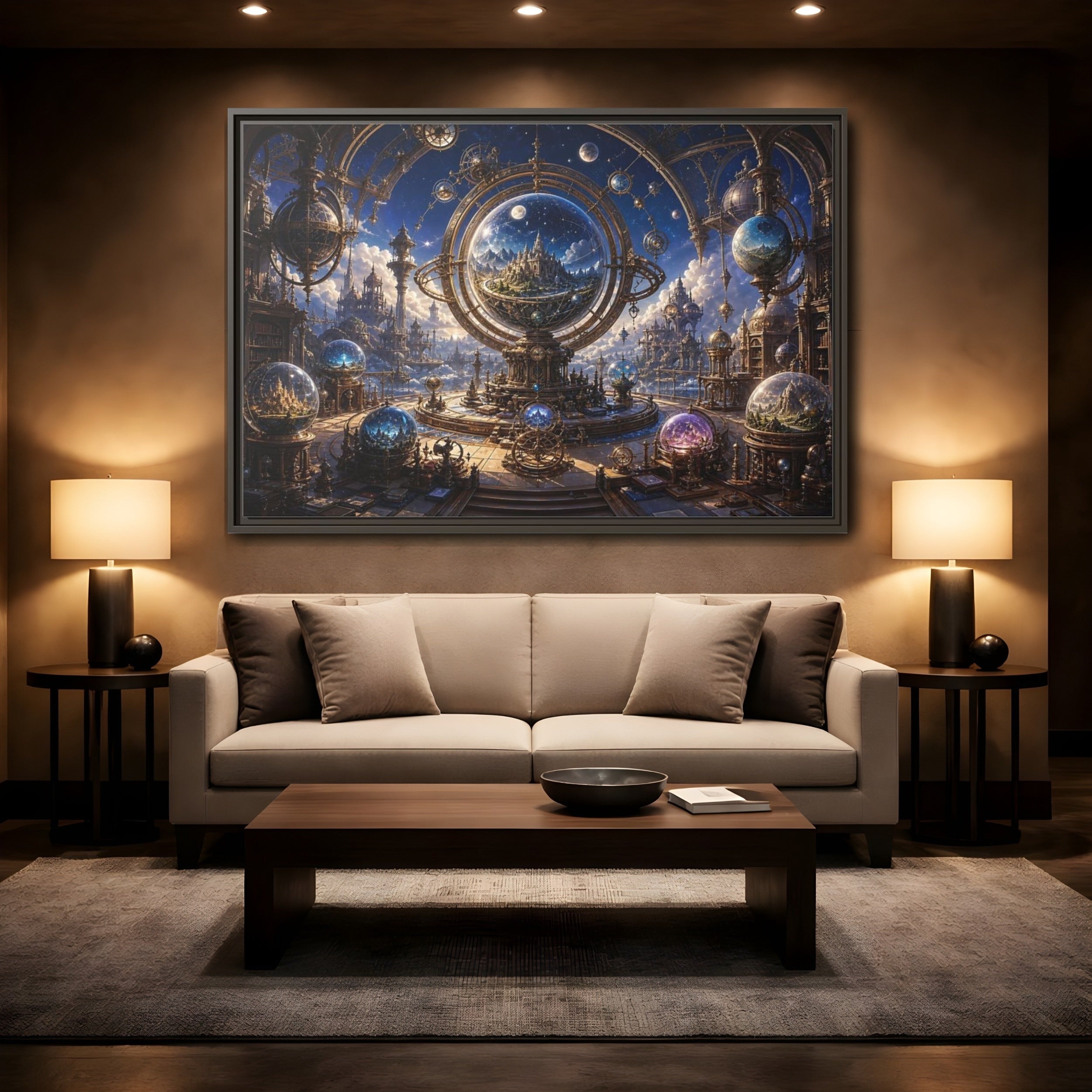 Mockup 2. Science Fiction Celestial Orrery Blue And Gold shown as stretched canvas wall art