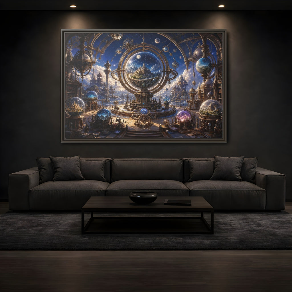 Mockup 3. Science Fiction Celestial Orrery Blue And Gold shown as stretched canvas wall art