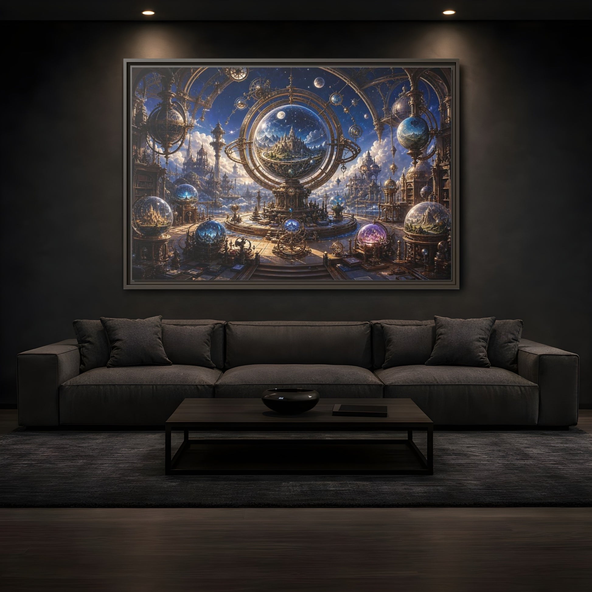 Mockup 3. Science Fiction Celestial Orrery Blue And Gold shown as stretched canvas wall art
