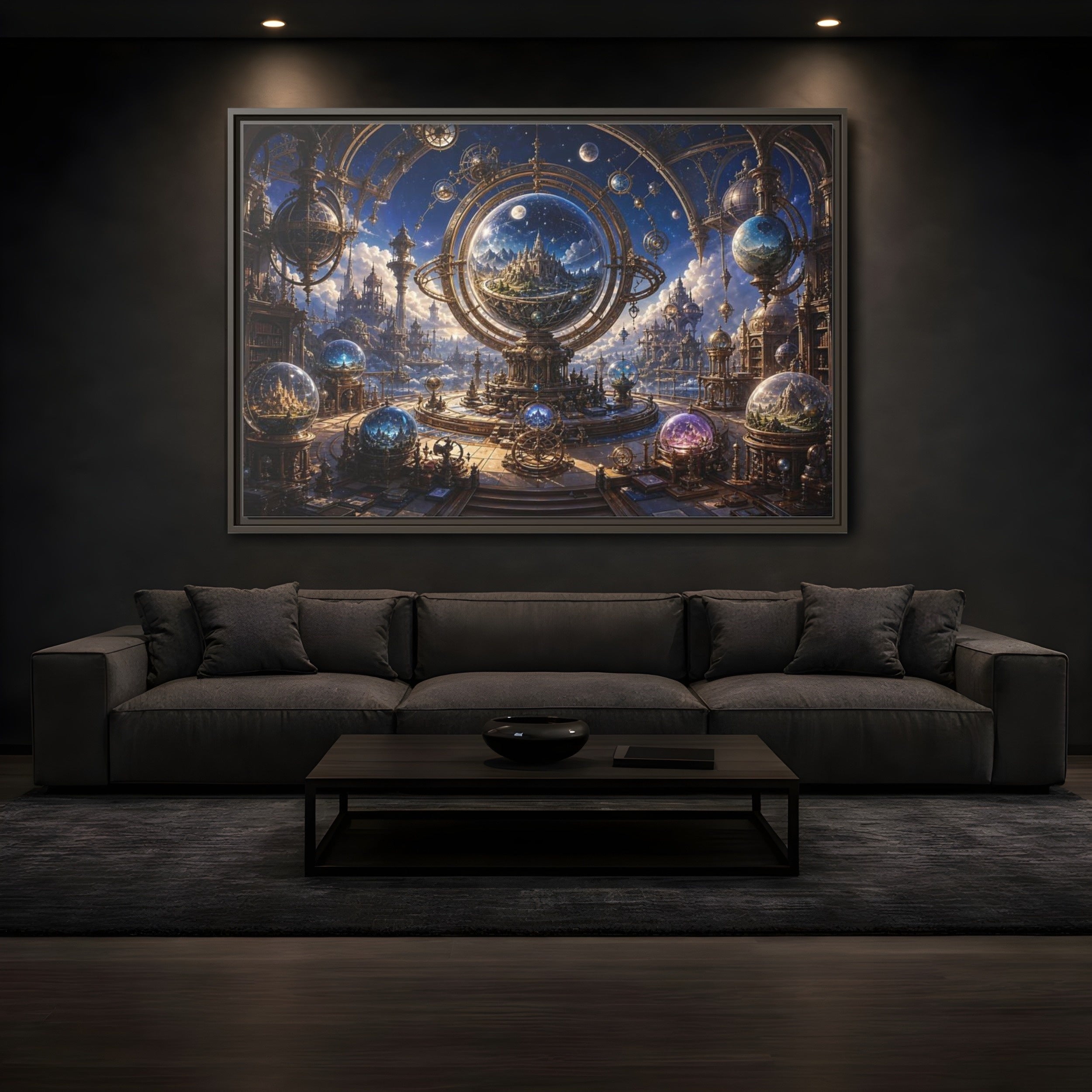 Mockup 3. Science Fiction Celestial Orrery Blue And Gold shown as stretched canvas wall art