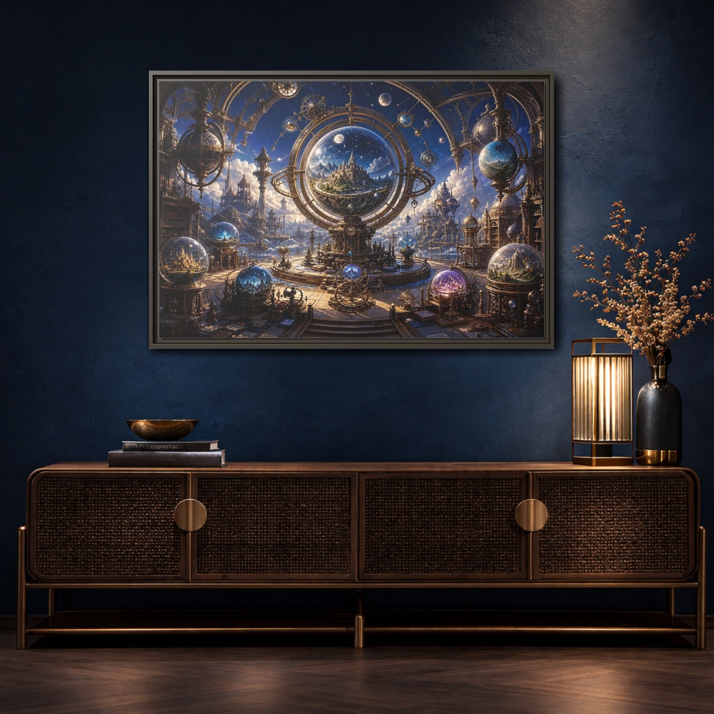 Mockup 4. Science Fiction Celestial Orrery Blue And Gold shown as stretched canvas wall art