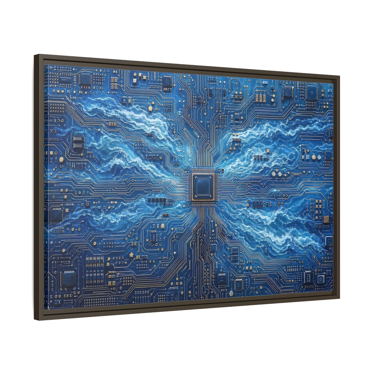 Main Mockup. Science Fiction Circuit Board Blue Circuit Waves shown as stretched canvas wall art