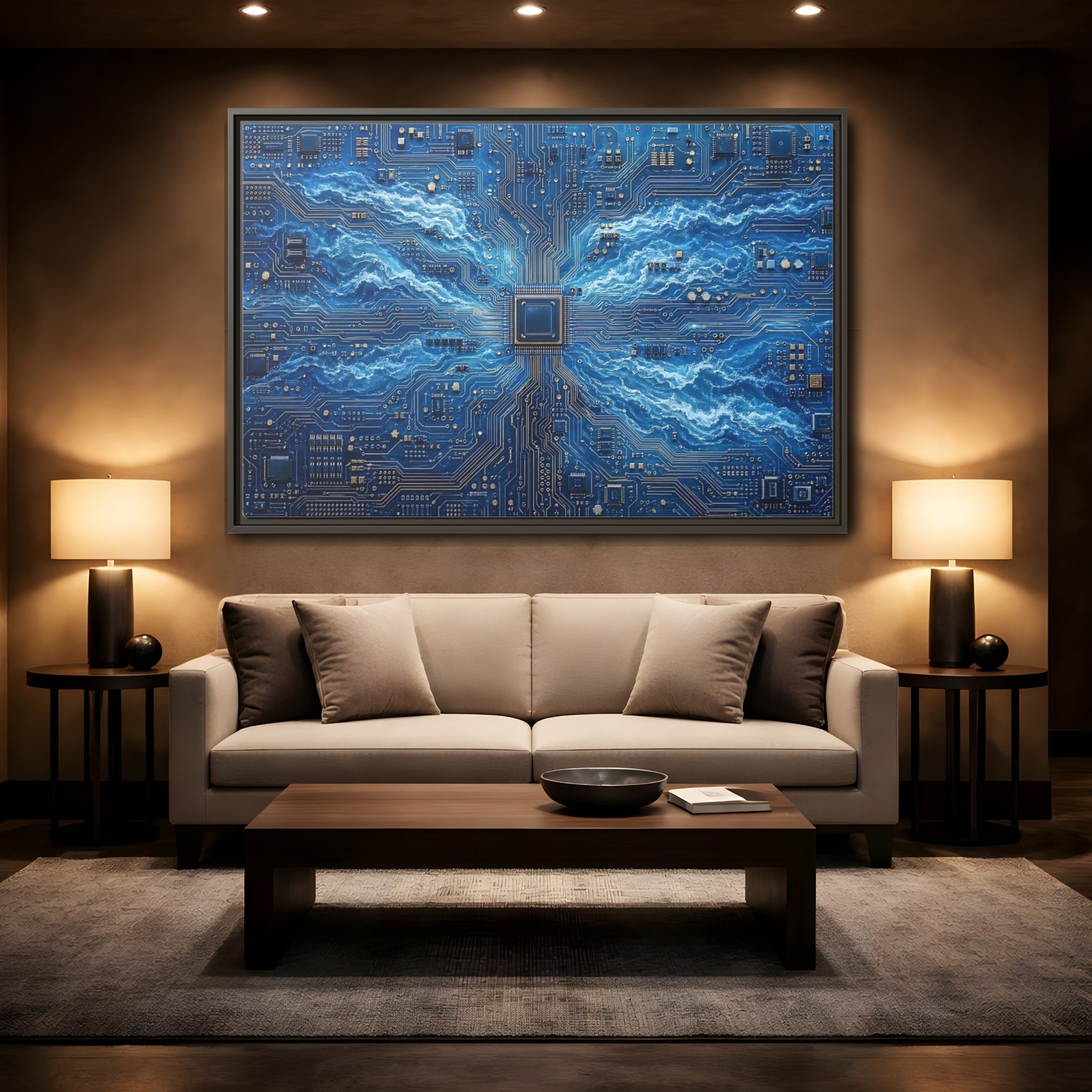 Mockup 2. Science Fiction Circuit Board Blue Circuit Waves shown as stretched canvas wall art