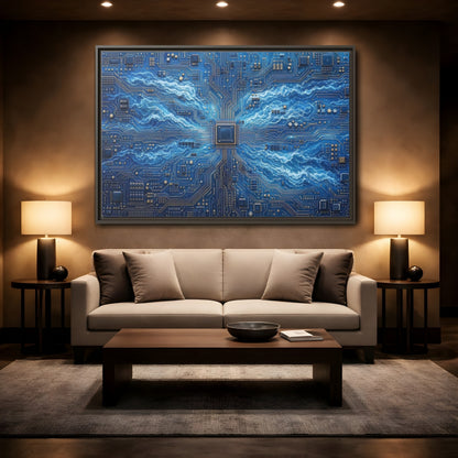 Mockup 2. Science Fiction Circuit Board Blue Circuit Waves shown as stretched canvas wall art