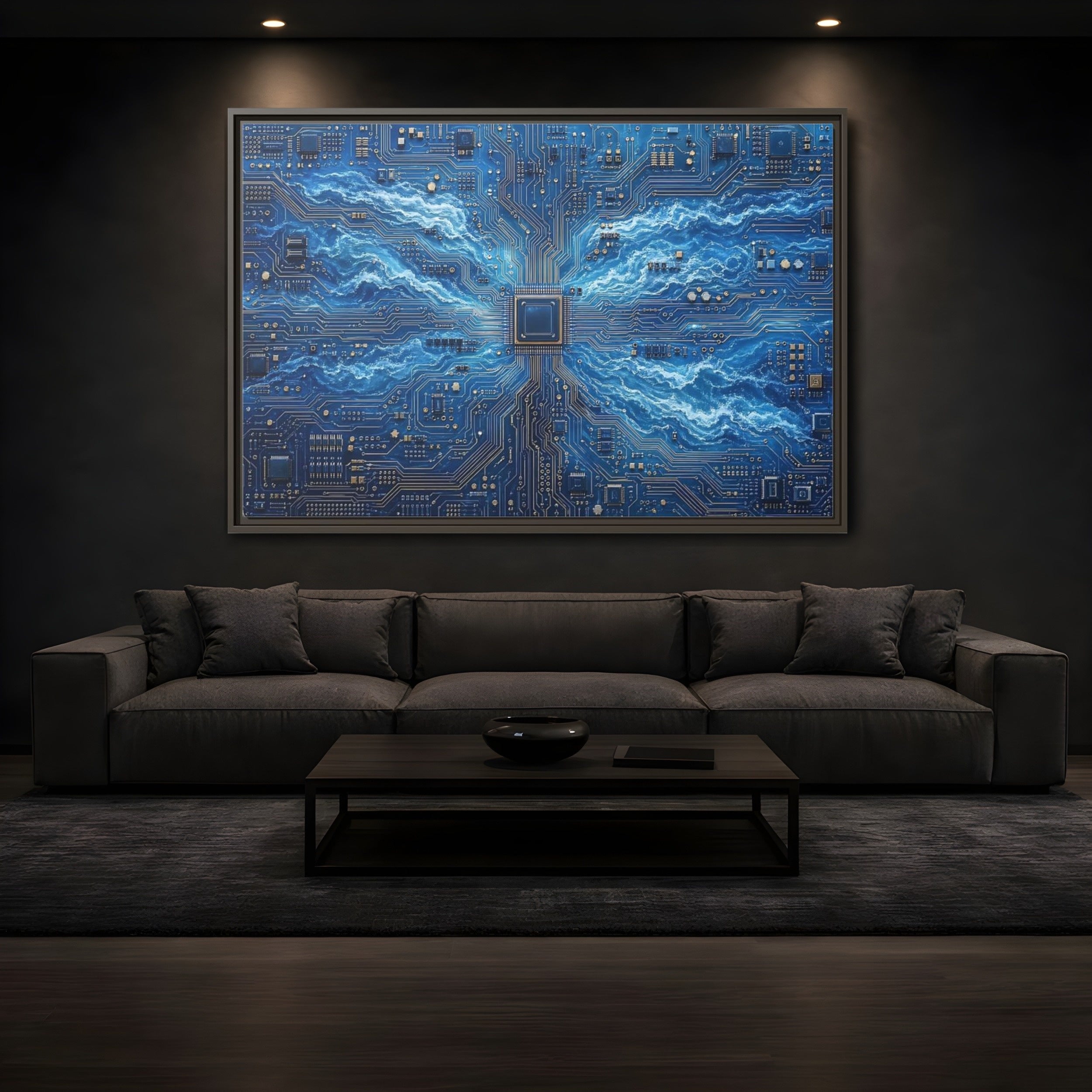 Mockup 3. Science Fiction Circuit Board Blue Circuit Waves shown as stretched canvas wall art