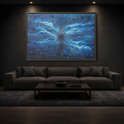 Mockup 3. Science Fiction Circuit Board Blue Circuit Waves shown as stretched canvas wall art