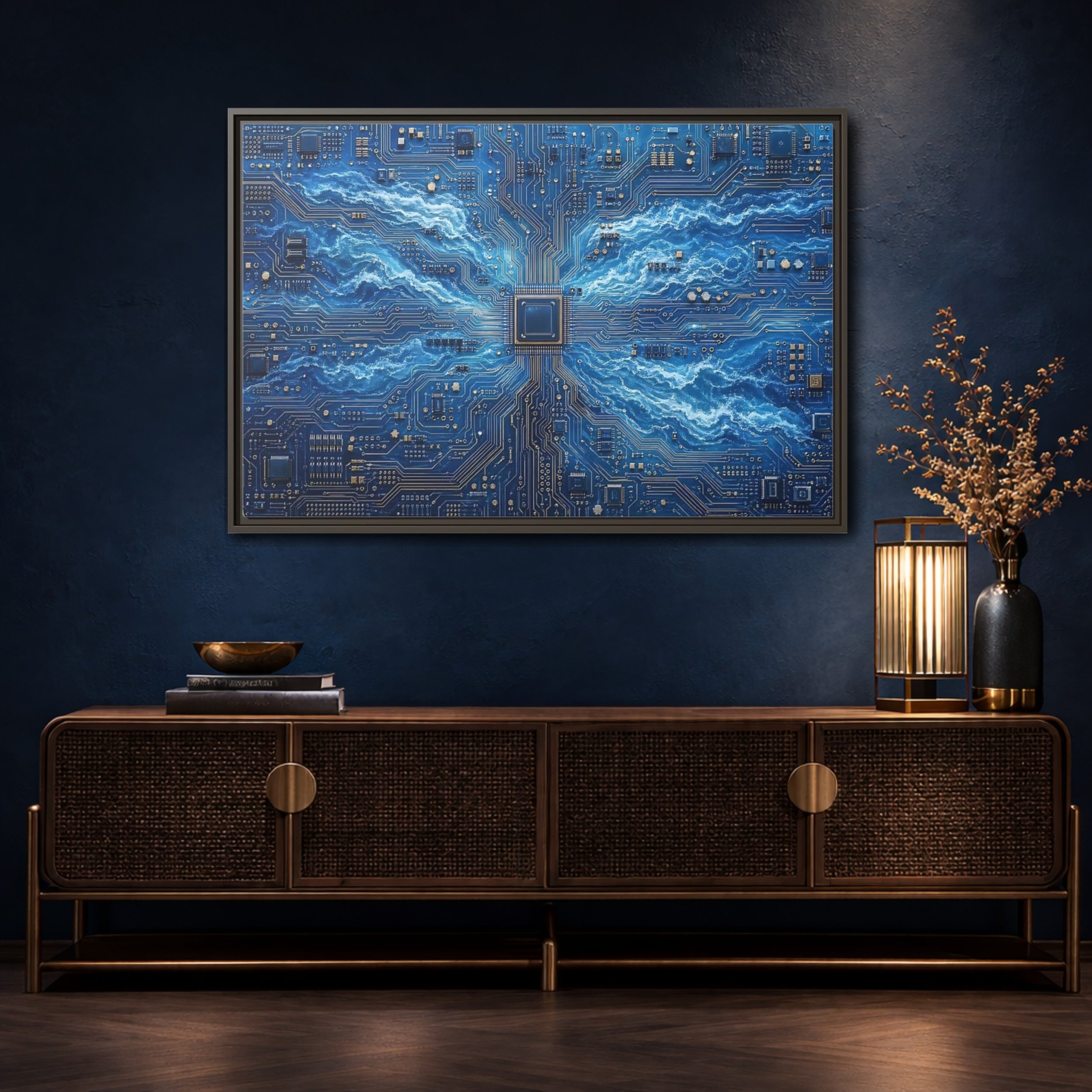 Mockup 4. Science Fiction Circuit Board Blue Circuit Waves shown as stretched canvas wall art