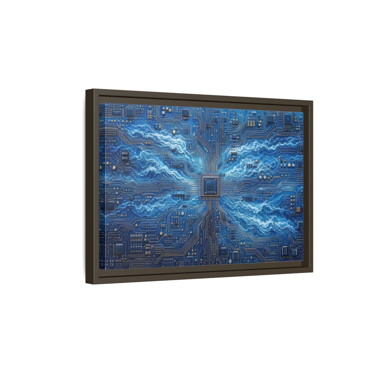 Side Mockup 5. Science Fiction Circuit Board Blue Circuit Waves shown as stretched canvas wall art