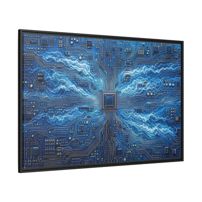 Side Mockup 12. Science Fiction Circuit Board Blue Circuit Waves shown as stretched canvas wall art