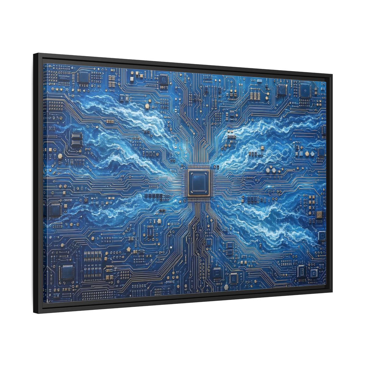 Side Mockup 13. Science Fiction Circuit Board Blue Circuit Waves shown as stretched canvas wall art