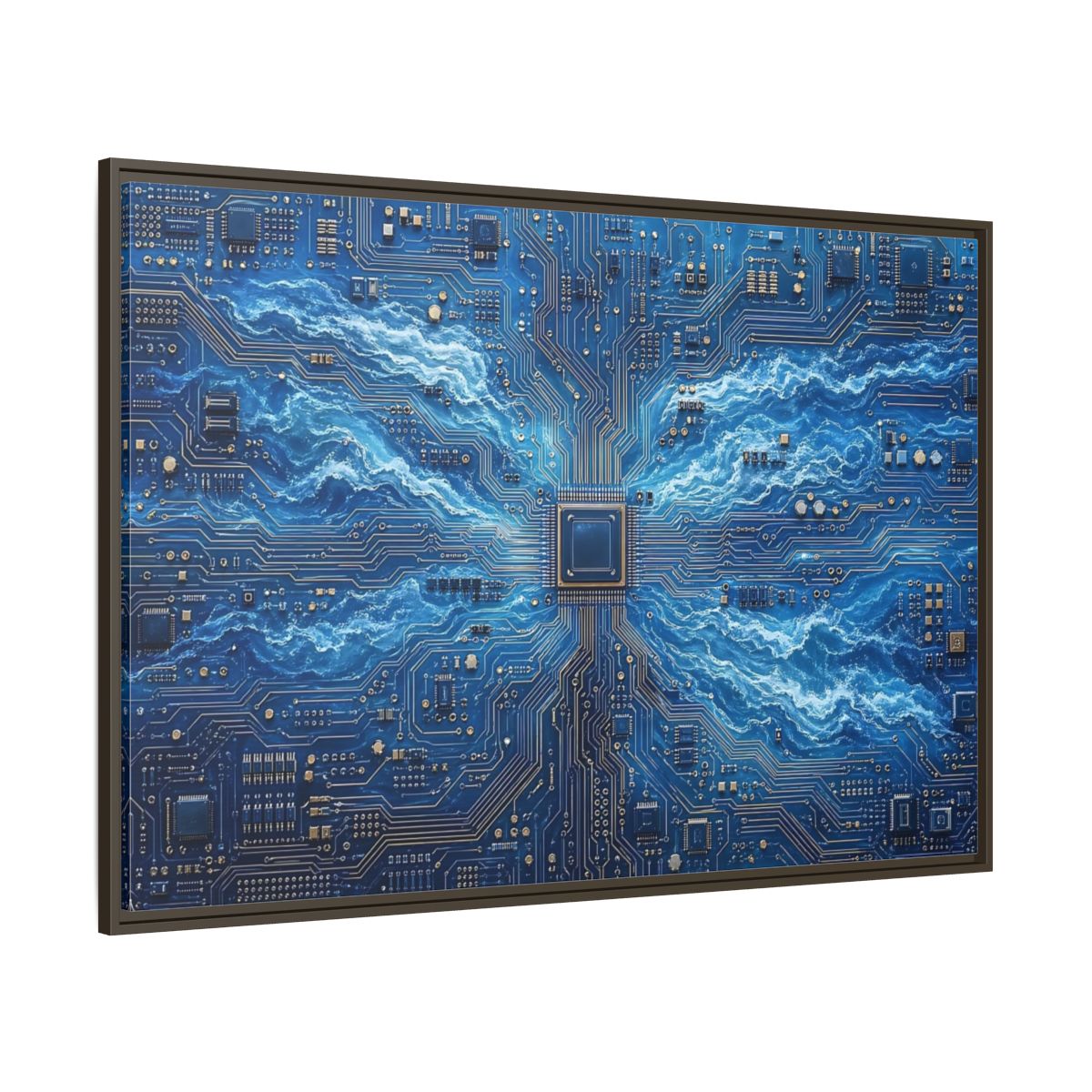 Side Mockup 8. Science Fiction Circuit Board Blue Circuit Waves shown as stretched canvas wall art