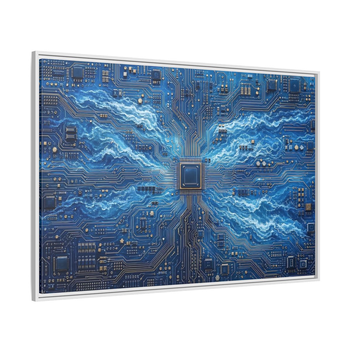 Side Mockup 7. Science Fiction Circuit Board Blue Circuit Waves shown as stretched canvas wall art
