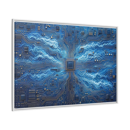 Side Mockup 7. Science Fiction Circuit Board Blue Circuit Waves shown as stretched canvas wall art