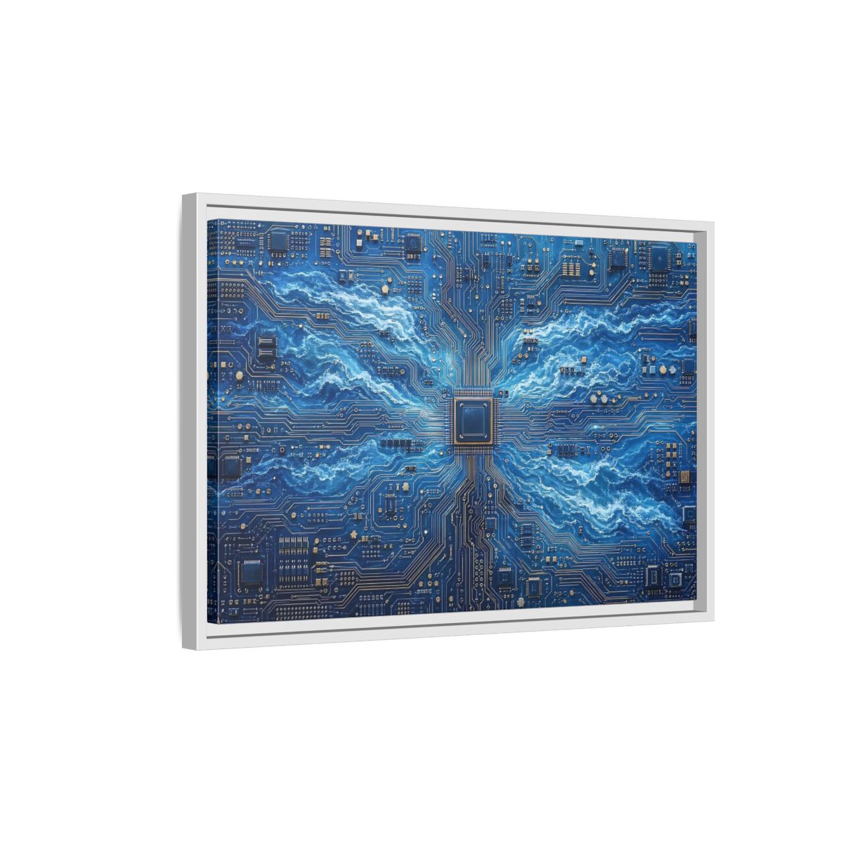 Side Mockup 1. Science Fiction Circuit Board Blue Circuit Waves shown as stretched canvas wall art