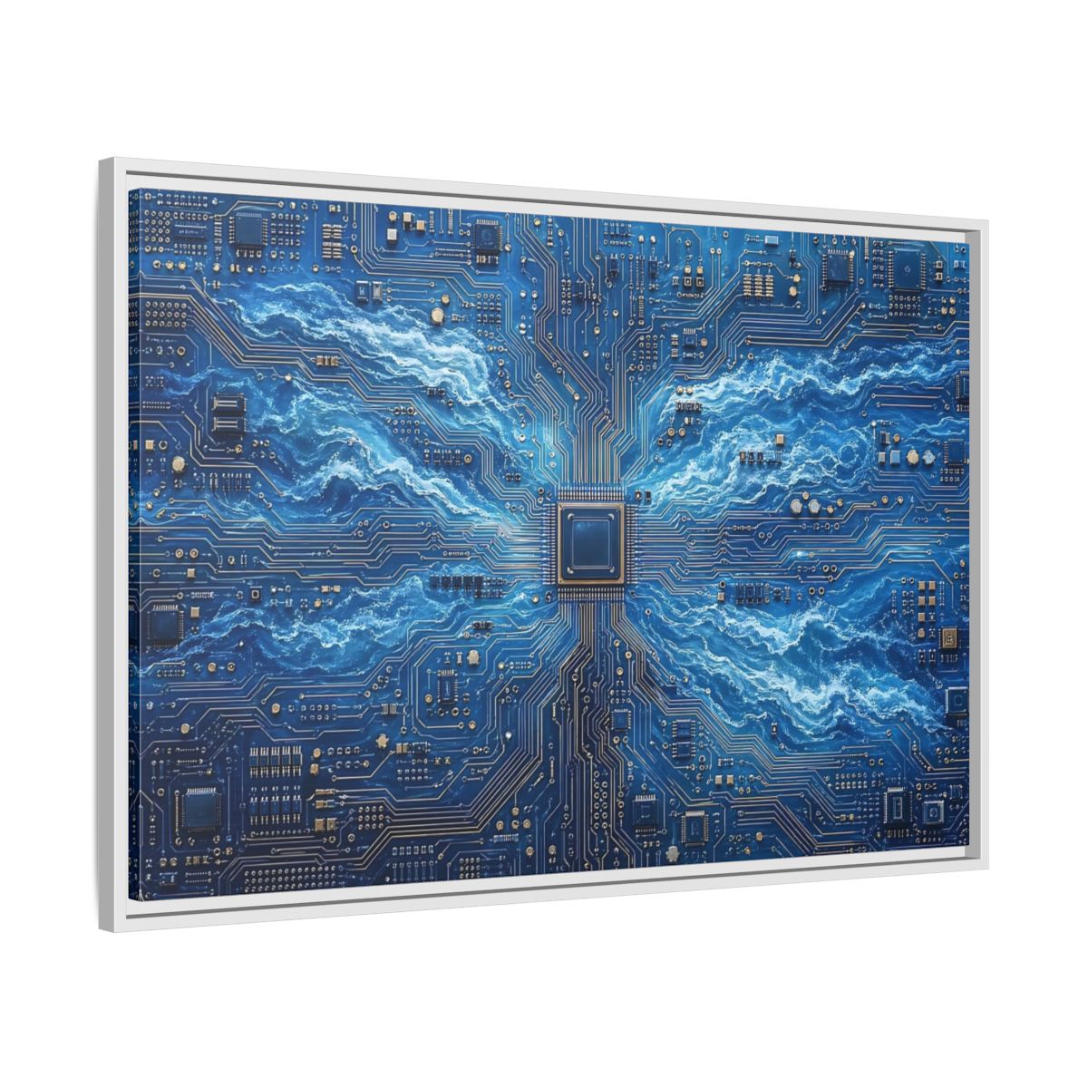 Side Mockup 9. Science Fiction Circuit Board Blue Circuit Waves shown as stretched canvas wall art
