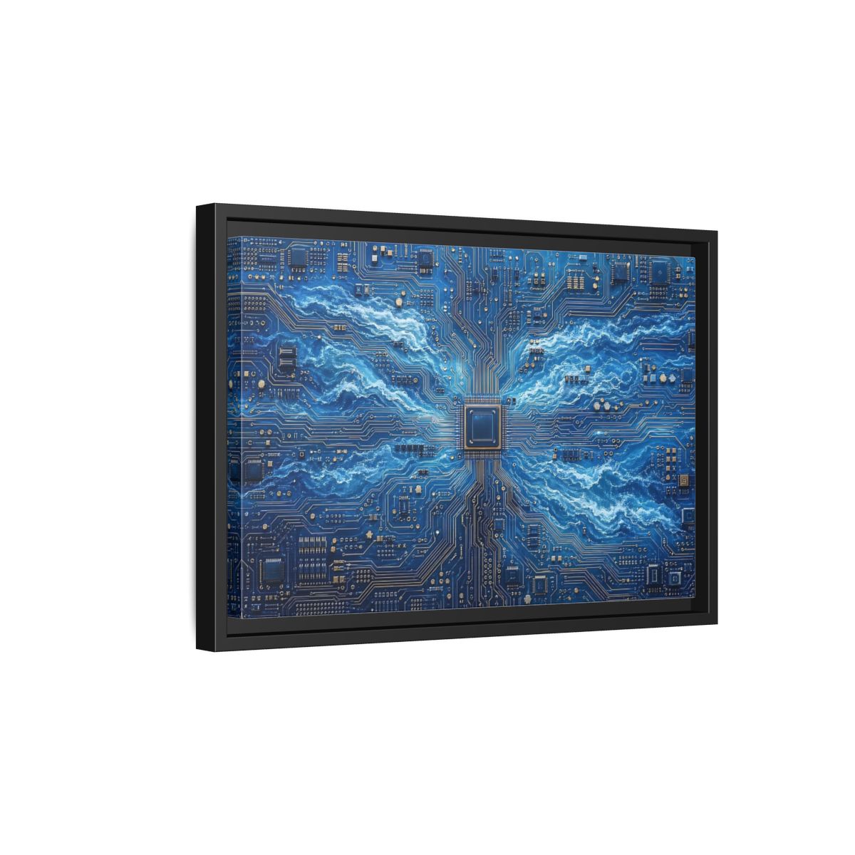 Side Mockup 6. Science Fiction Circuit Board Blue Circuit Waves shown as stretched canvas wall art