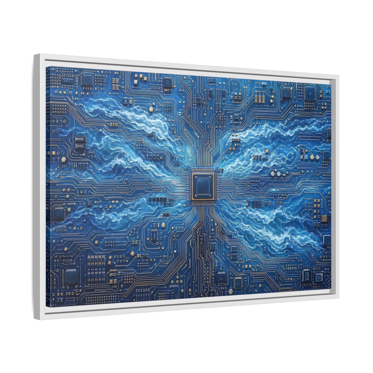 Side Mockup 10. Science Fiction Circuit Board Blue Circuit Waves shown as stretched canvas wall art