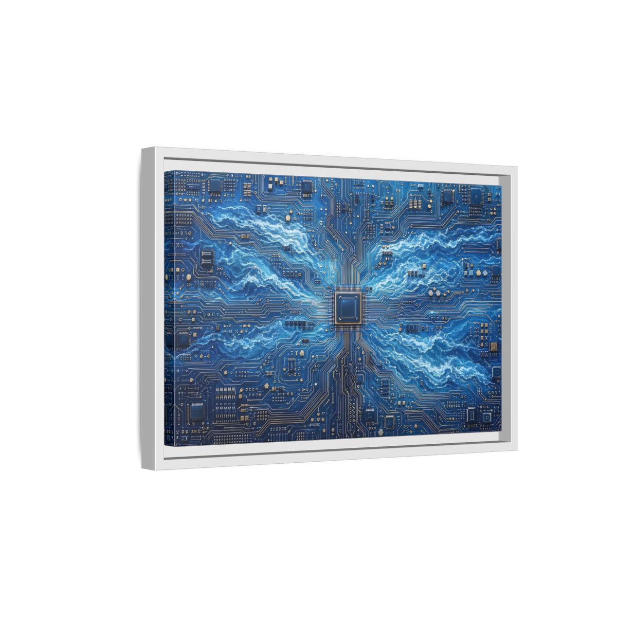 Side Mockup 4. Science Fiction Circuit Board Blue Circuit Waves shown as stretched canvas wall art