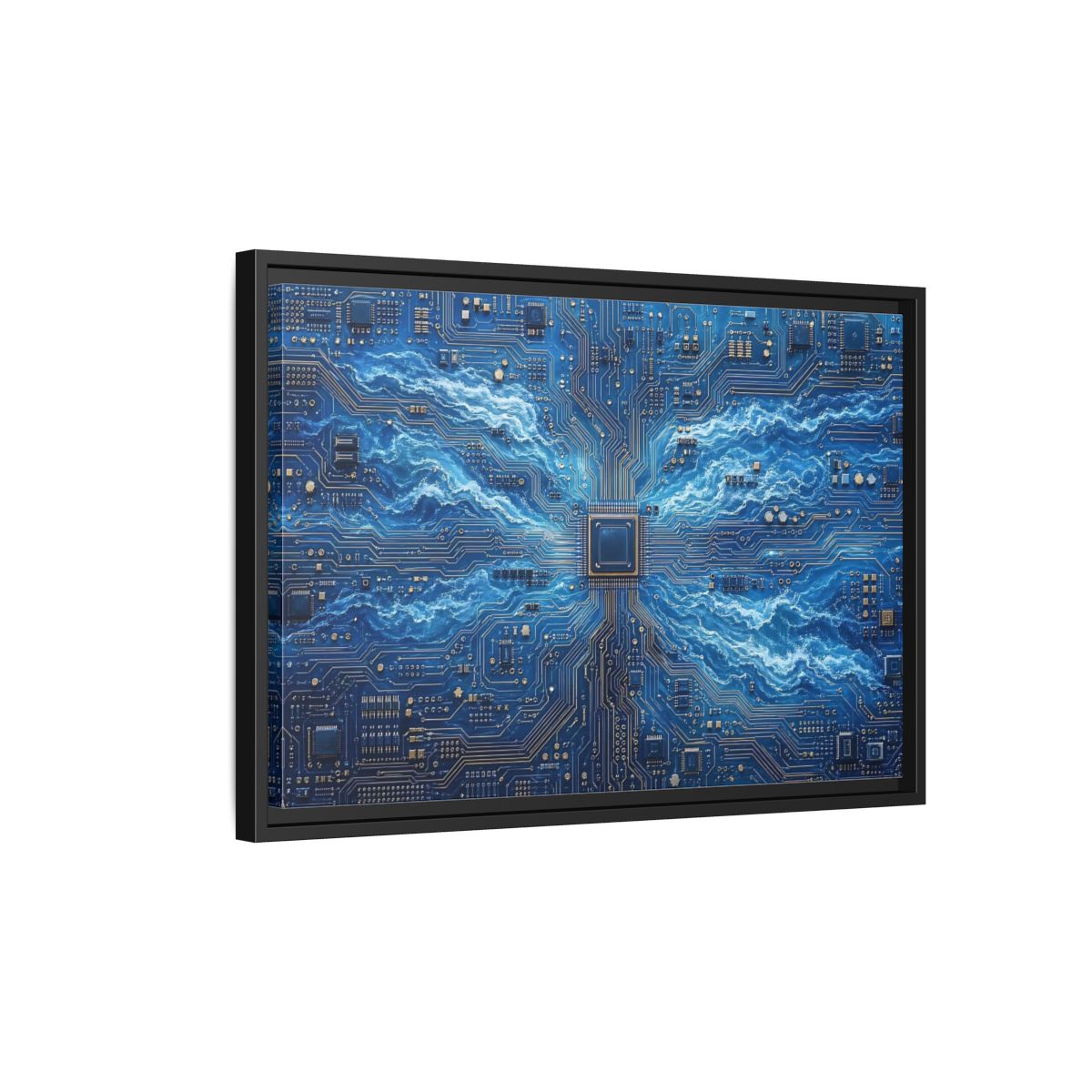 Side Mockup 3. Science Fiction Circuit Board Blue Circuit Waves shown as stretched canvas wall art