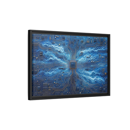 Side Mockup 3. Science Fiction Circuit Board Blue Circuit Waves shown as stretched canvas wall art