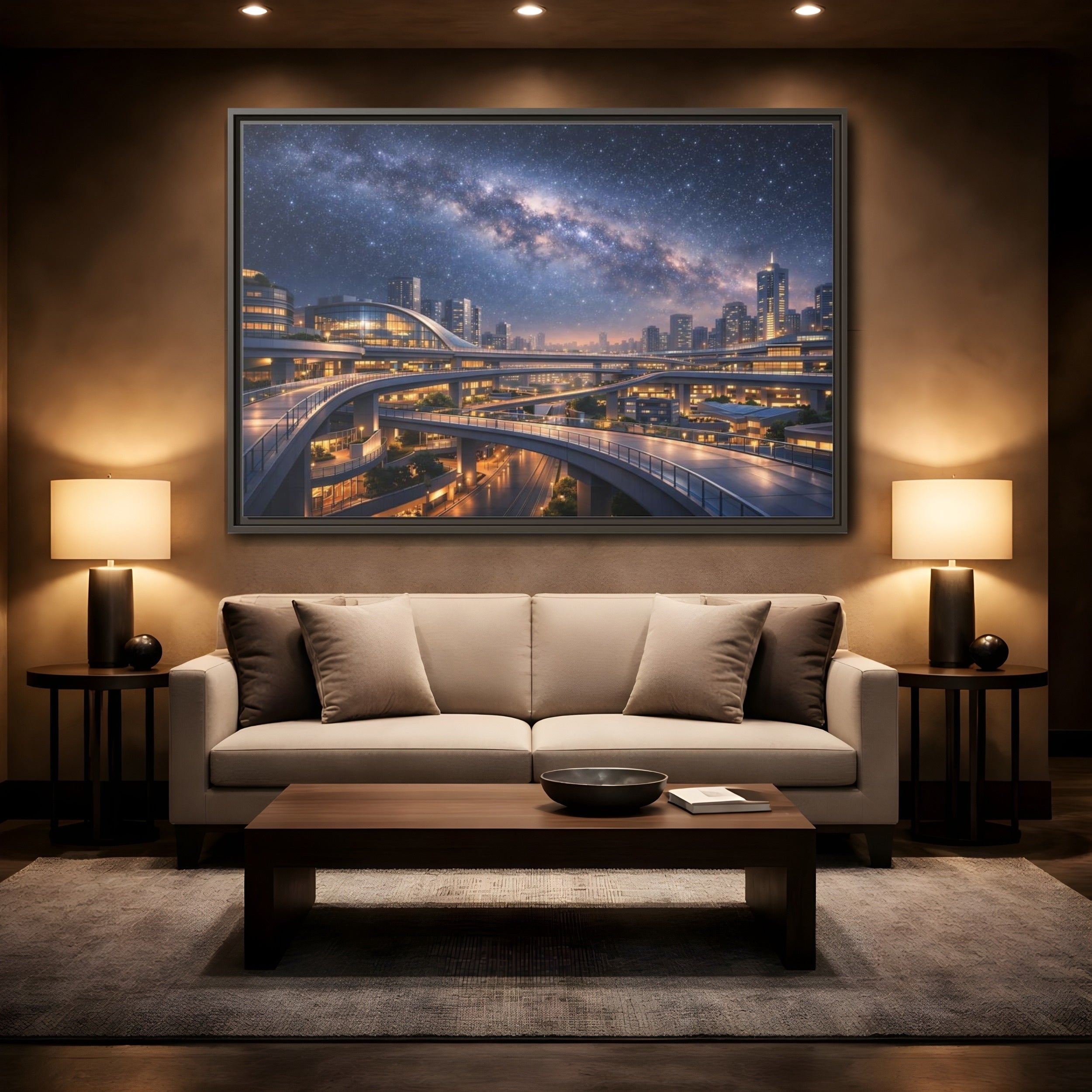 Mockup 2. Science Fiction Cityscape Night Cityscape shown as stretched canvas wall art
