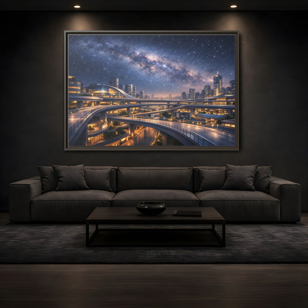 Mockup 3. Science Fiction Cityscape Night Cityscape shown as stretched canvas wall art